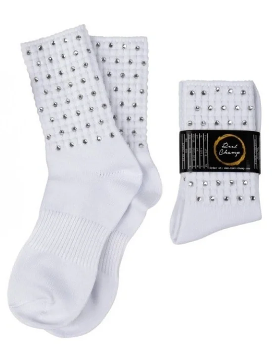 Reel Champ Clear Crystal Ankle Length Irish Dance Poodle Socks - Large - Picture 1 of 2